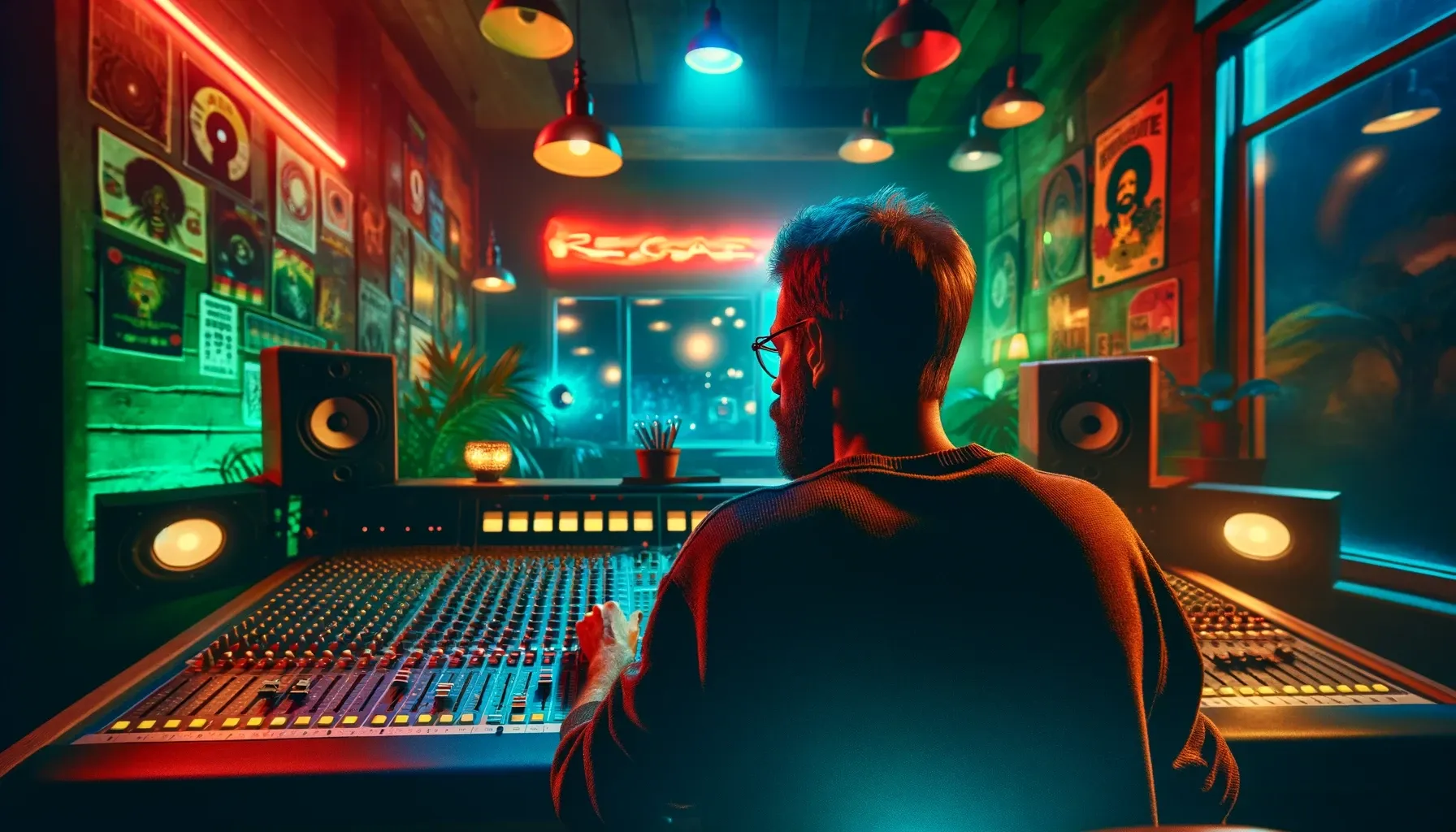 Image générée par IA d'un homme devant une console de mixage
